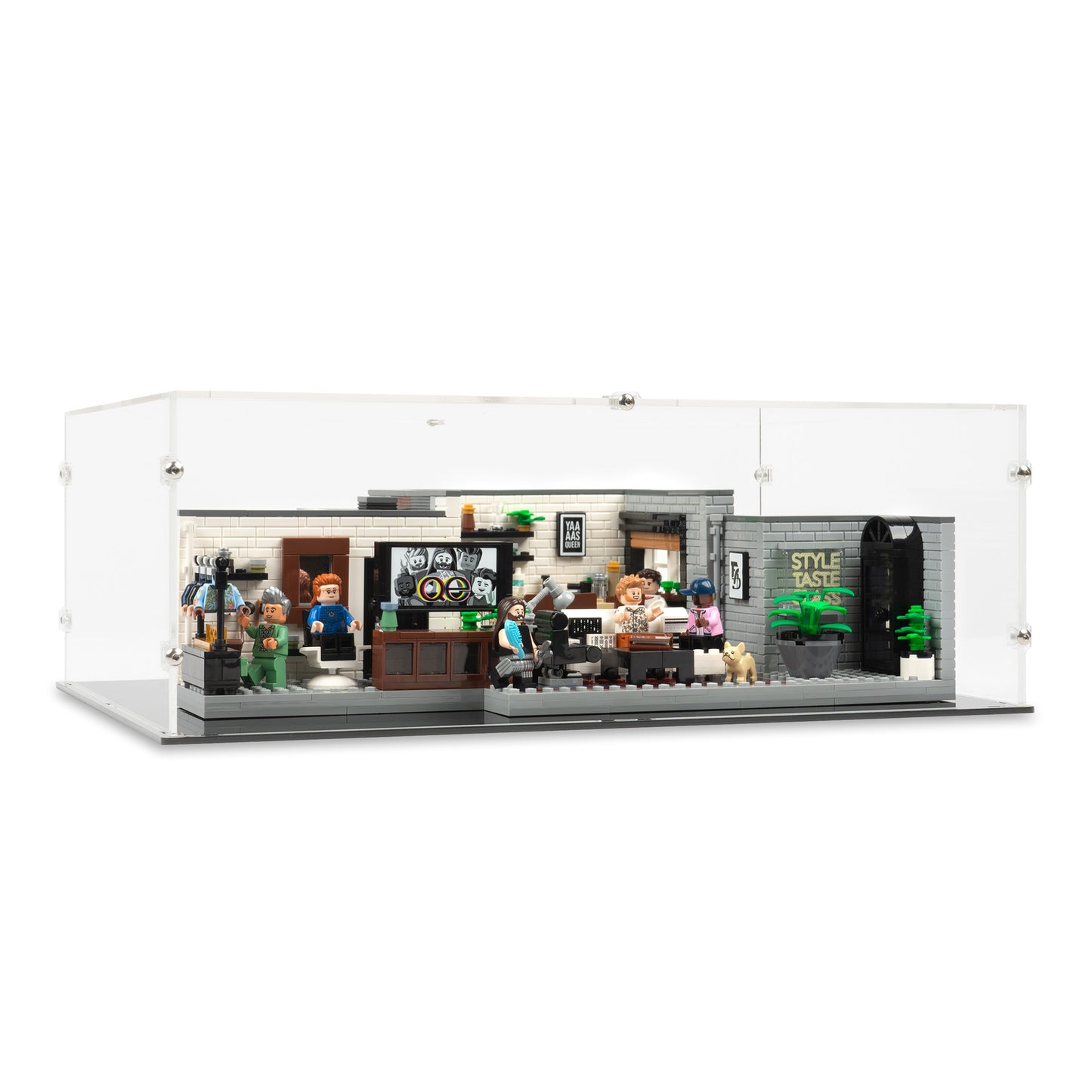 Angled view of LEGO 10291 Queer Eye The Fab 5 Loft Display Case.