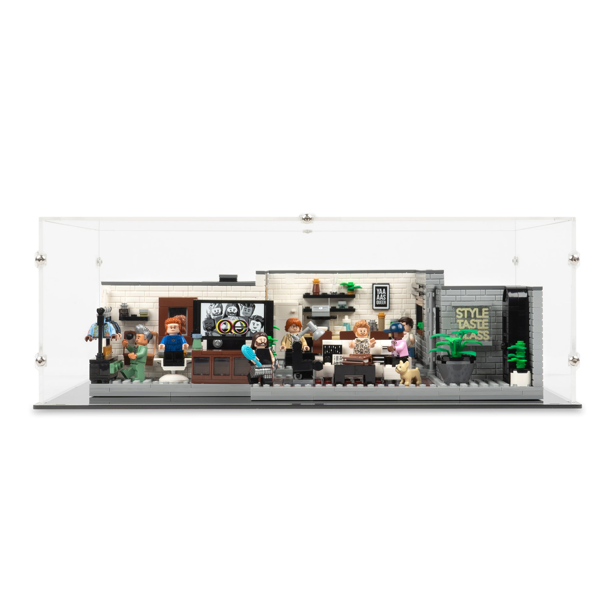 Front view of LEGO 10291 Queer Eye The Fab 5 Loft Display Case.