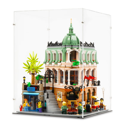 Angled view of LEGO 10297 Boutique Hotel Display Case.