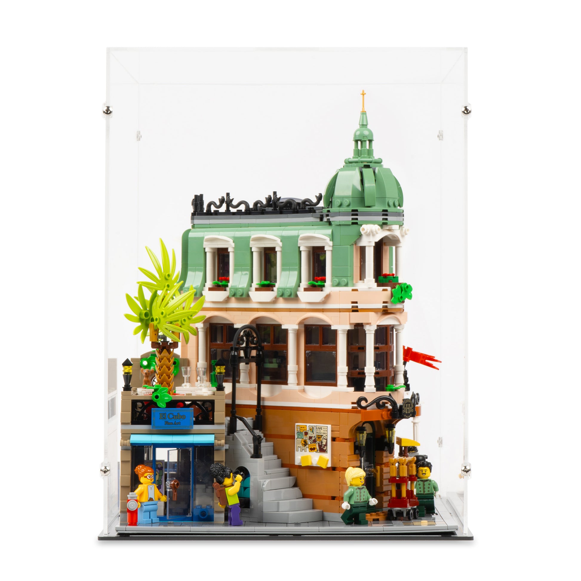 Front view of LEGO 10297 Boutique Hotel Display Case.