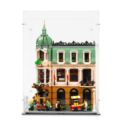 Side view of LEGO 10297 Boutique Hotel Display Case.
