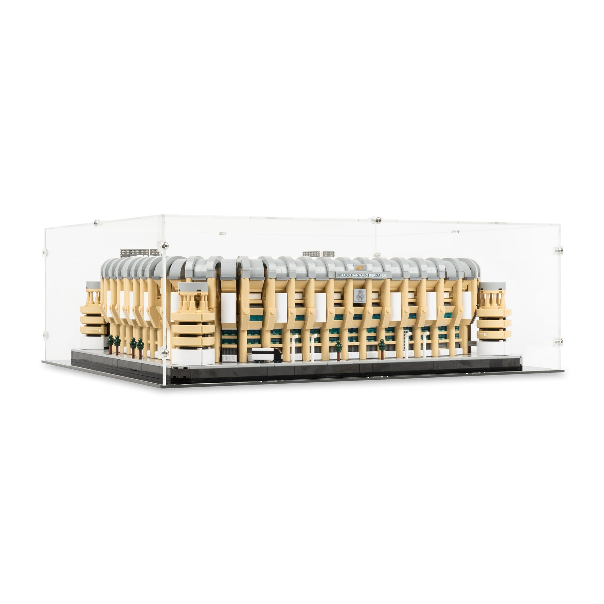 Angled view of LEGO 10299 Real Madrid – Santiago Bernabéu Stadium Display Case.