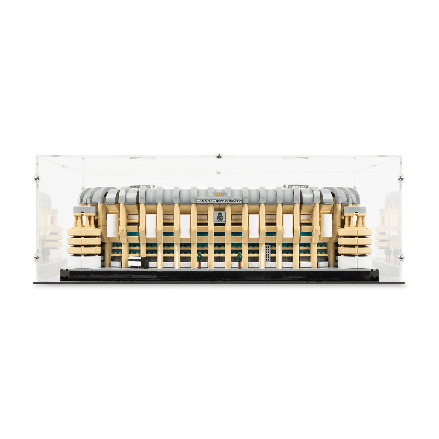 Front view of LEGO 10299 Real Madrid – Santiago Bernabéu Stadium Display Case.