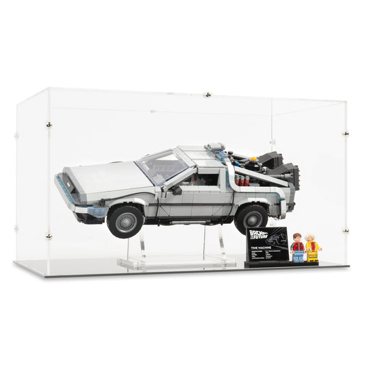 Angled view of LEGO 10300 Back to the Future Time Machine Display Case and Stand.