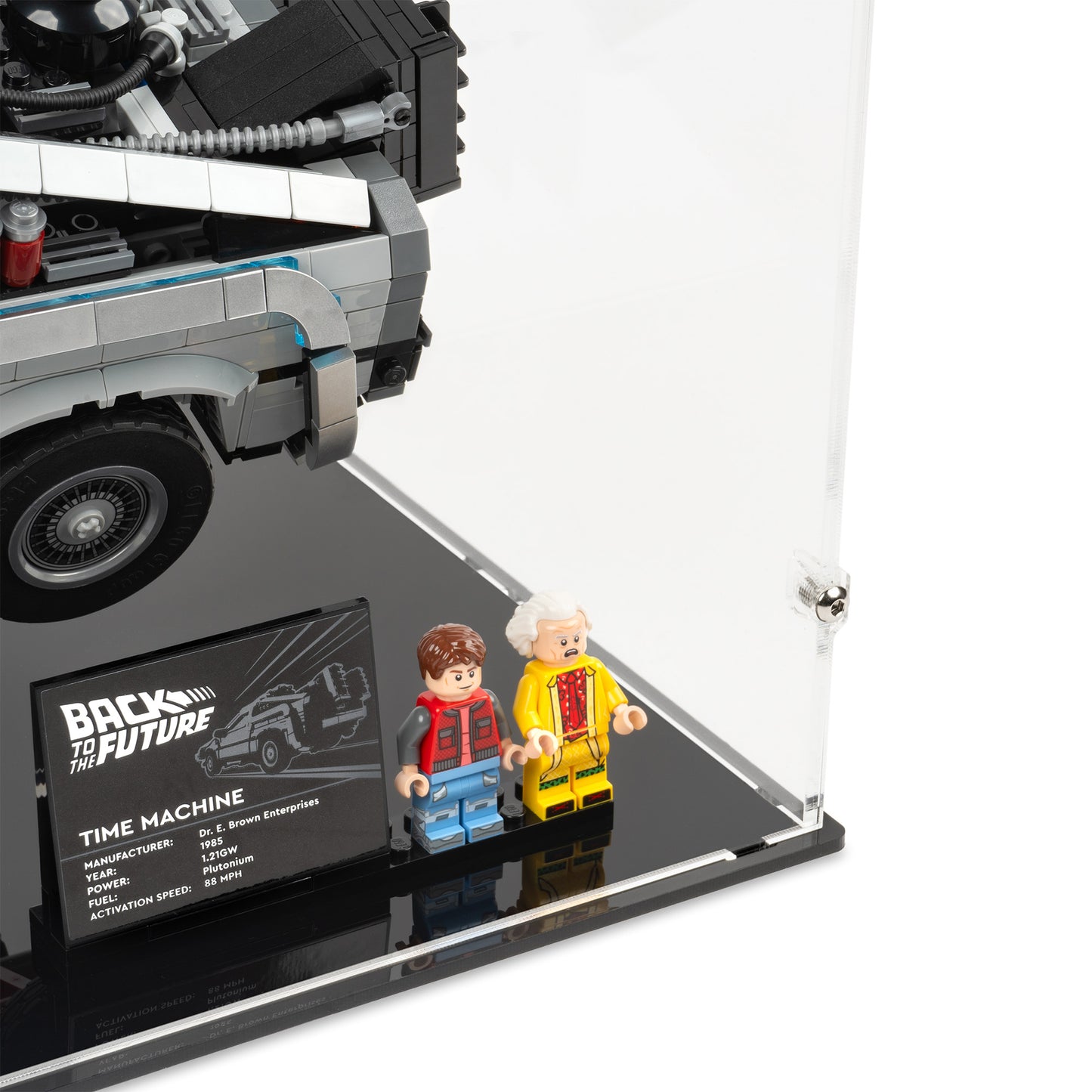 Fitting detail view of LEGO 10300 Back to the Future Time Machine Display Case and Stand.