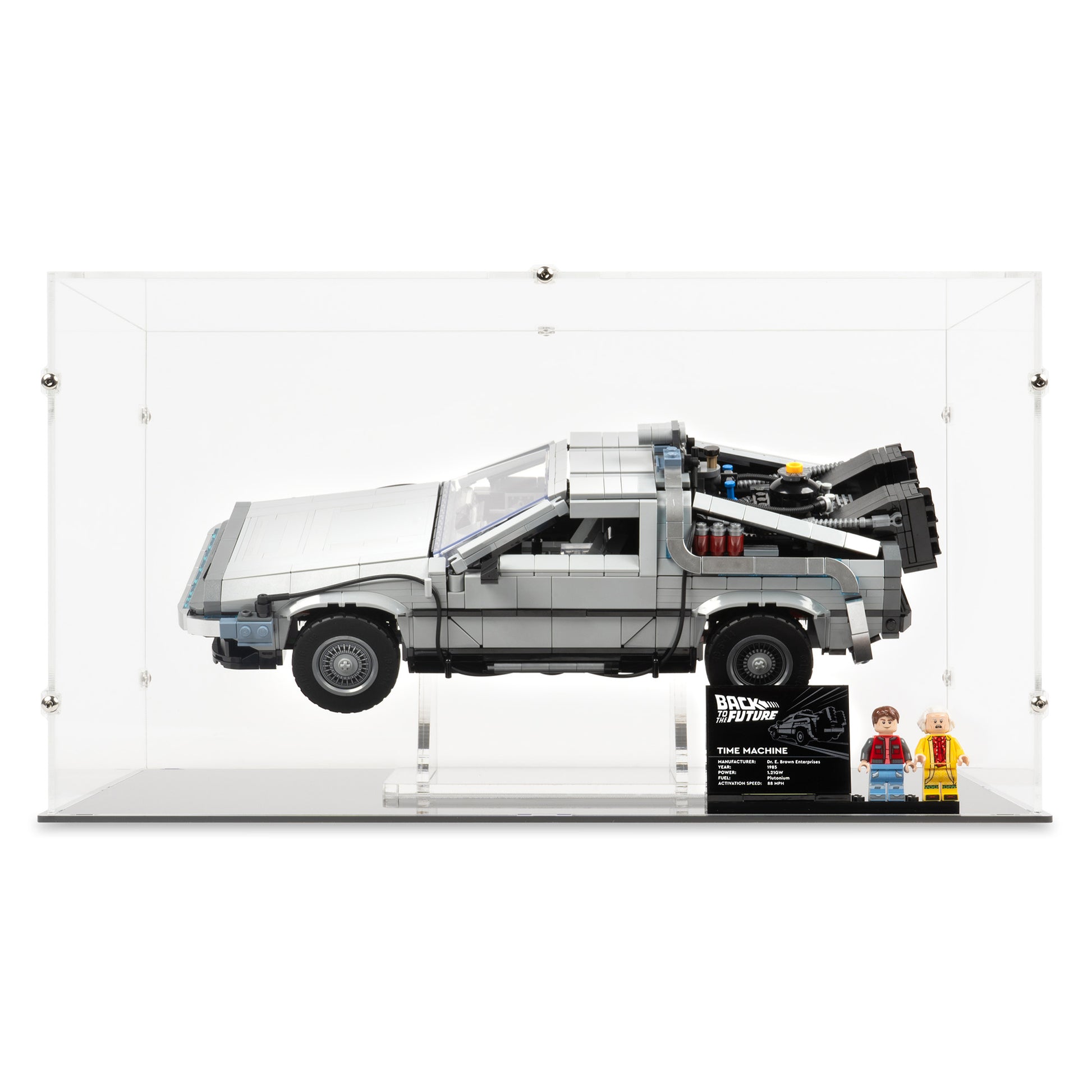 Front view of LEGO 10300 Back to the Future Time Machine Display Case and Stand.