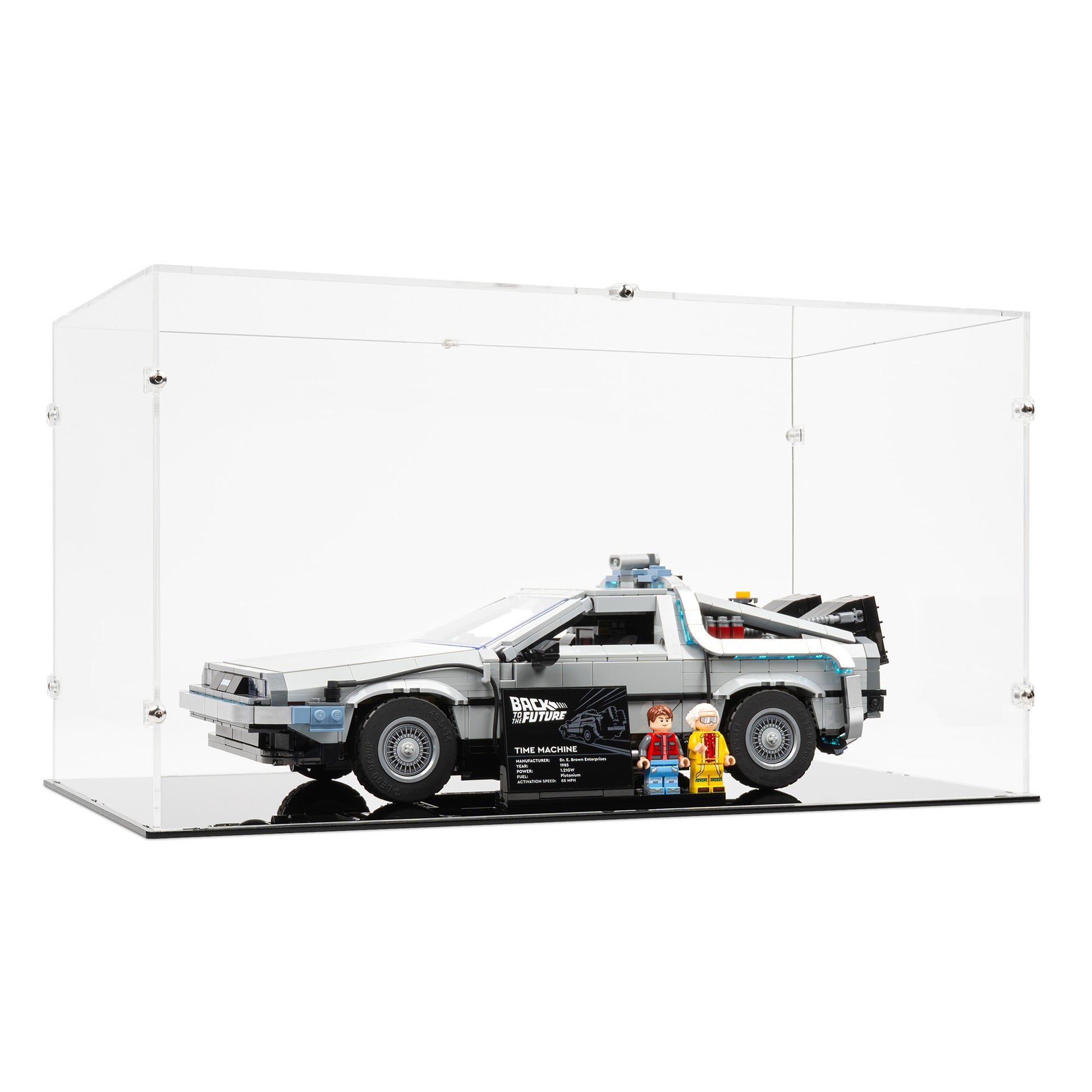 Angled view of LEGO 10300 Back to the Future Time Machine Display Case.