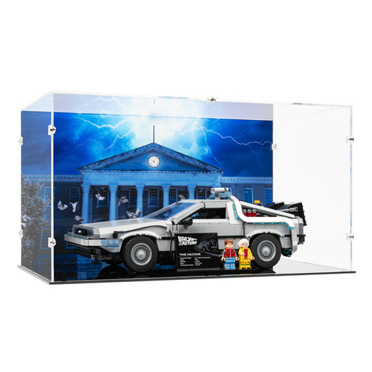 Angled view of LEGO 10300 Back to the Future Time Machine Display Case with a UV printed Courthouse background.