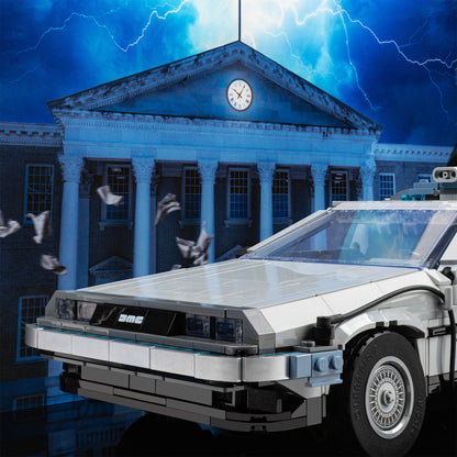 Detail view of LEGO 10300 Back to the Future Time Machine Display Case with a UV printed Courthouse background.