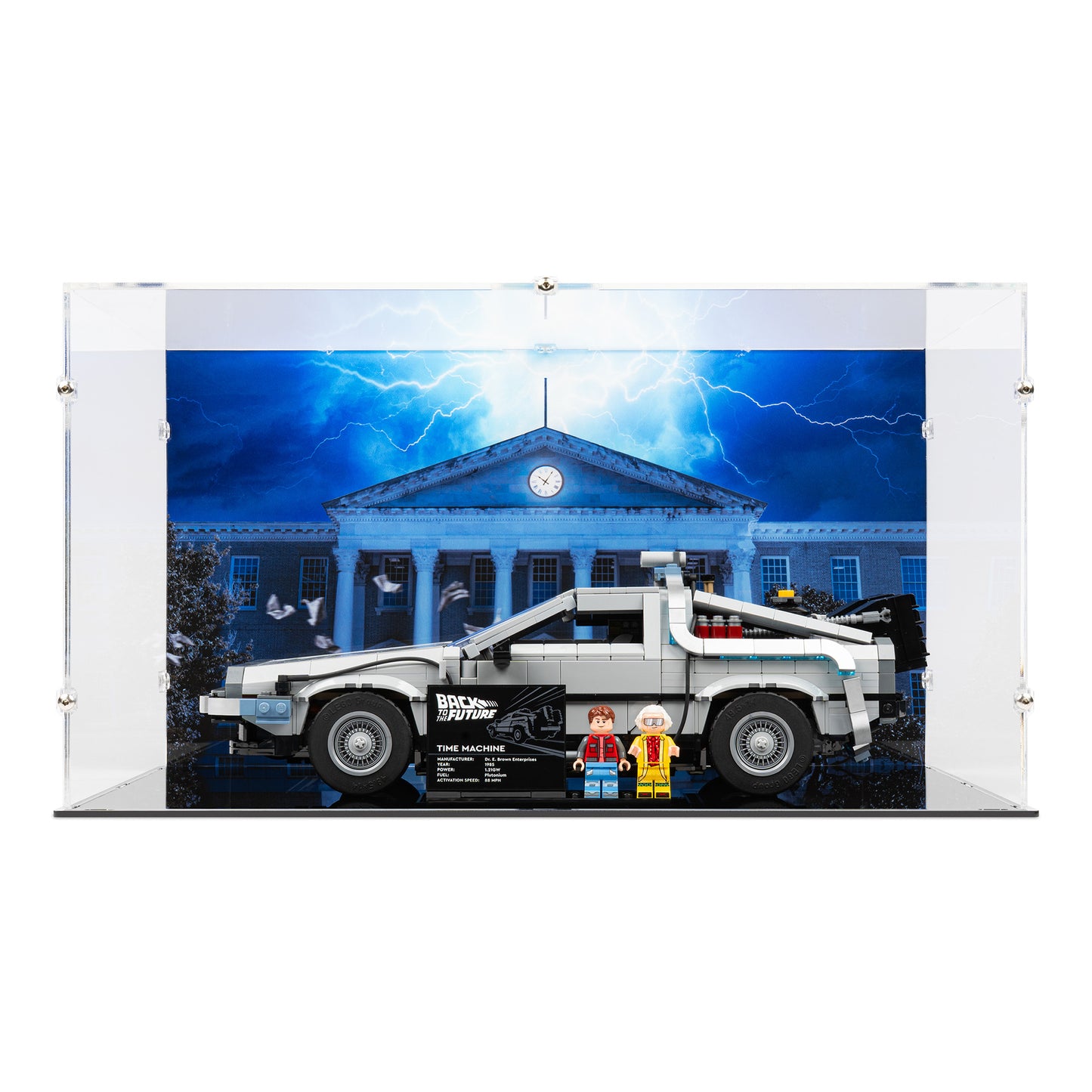 Front view of LEGO 10300 Back to the Future Time Machine Display Case with a UV printed Courthouse background.