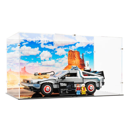 Angled view of LEGO 10300 Back to the Future Time Machine Display Case with a UV printed Wild West background.