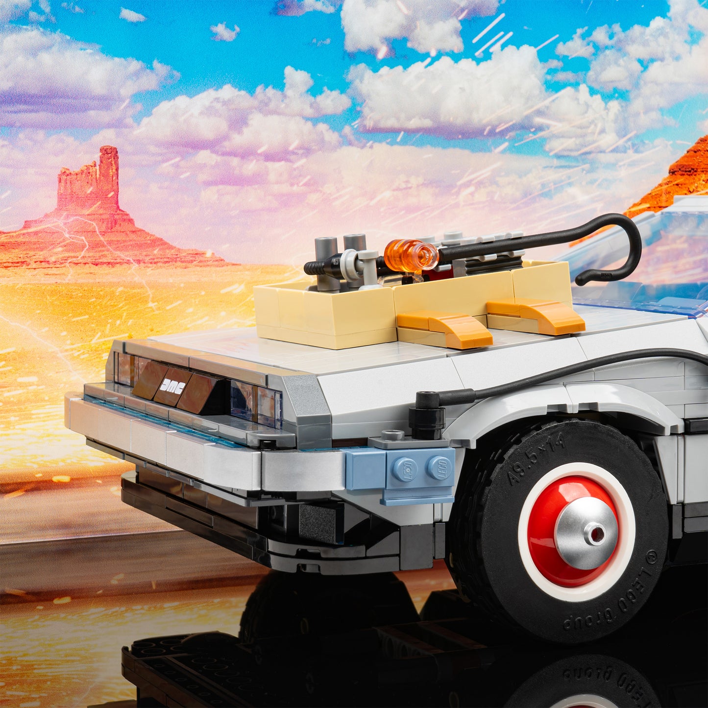 Detail view of LEGO 10300 Back to the Future Time Machine Display Case with a UV printed Wild West background.
