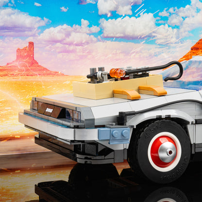 Detail view of LEGO 10300 Back to the Future Time Machine Display Case with a UV printed Wild West background.