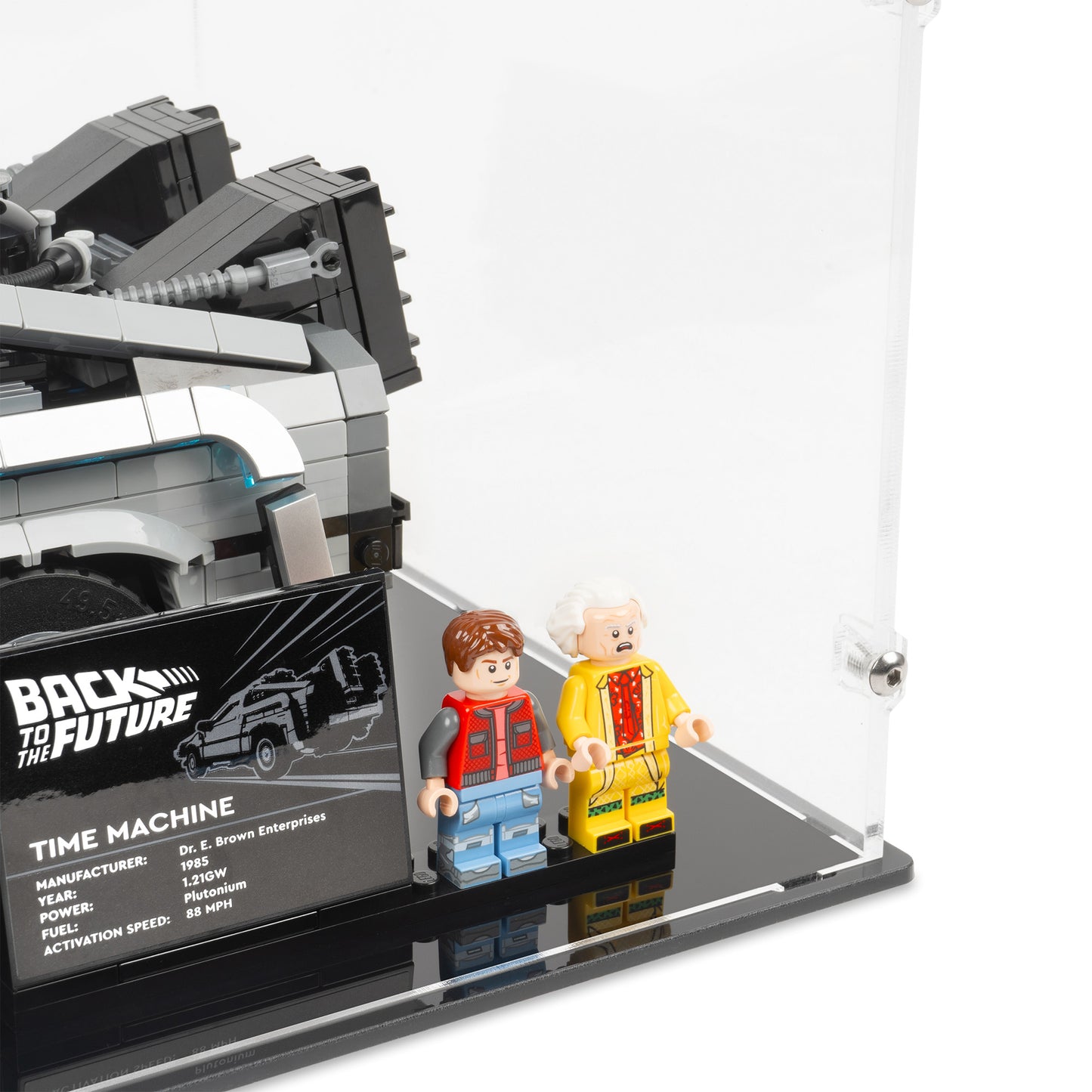Fitting detail view of LEGO 10300 Back to the Future Time Machine Small Display Case.