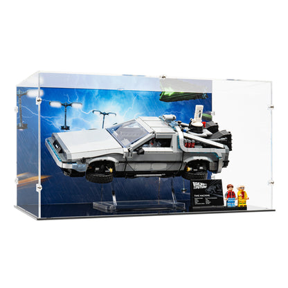 Angled view of LEGO 10300 Back to the Future Time Machine Display Case and Stand with a UV printed Skyway background.