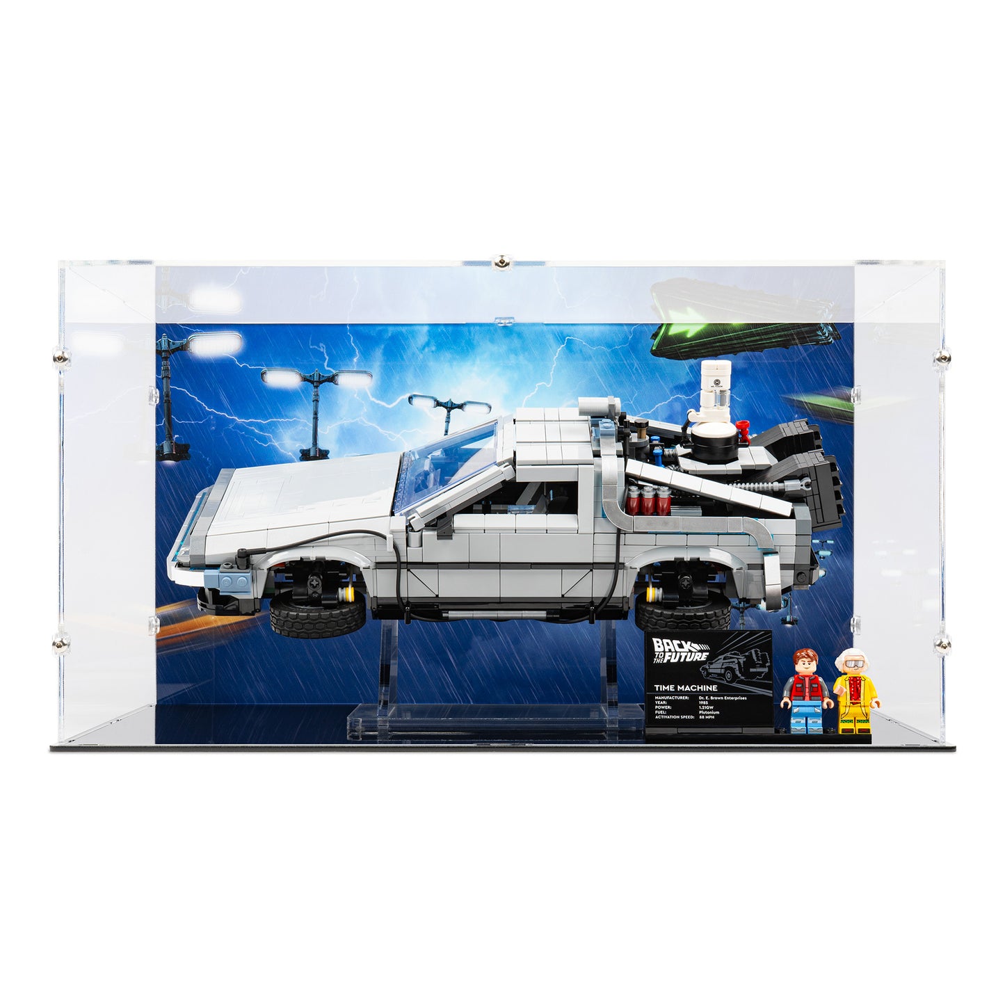Front view of LEGO 10300 Back to the Future Time Machine Display Case and Stand with a UV printed Skyway background.