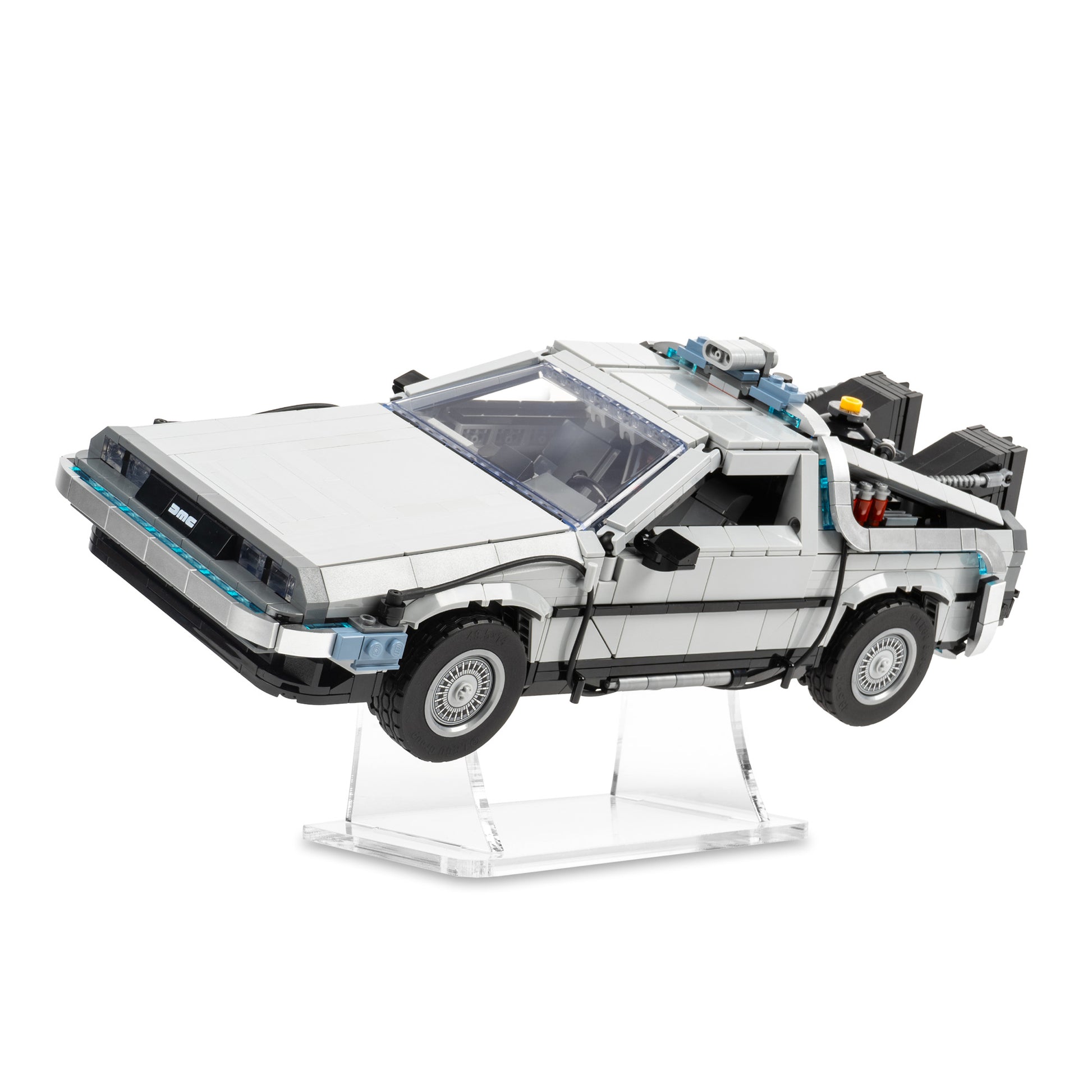 Angled view of LEGO 10300 Back to the Future Time Machine Display Stand.
