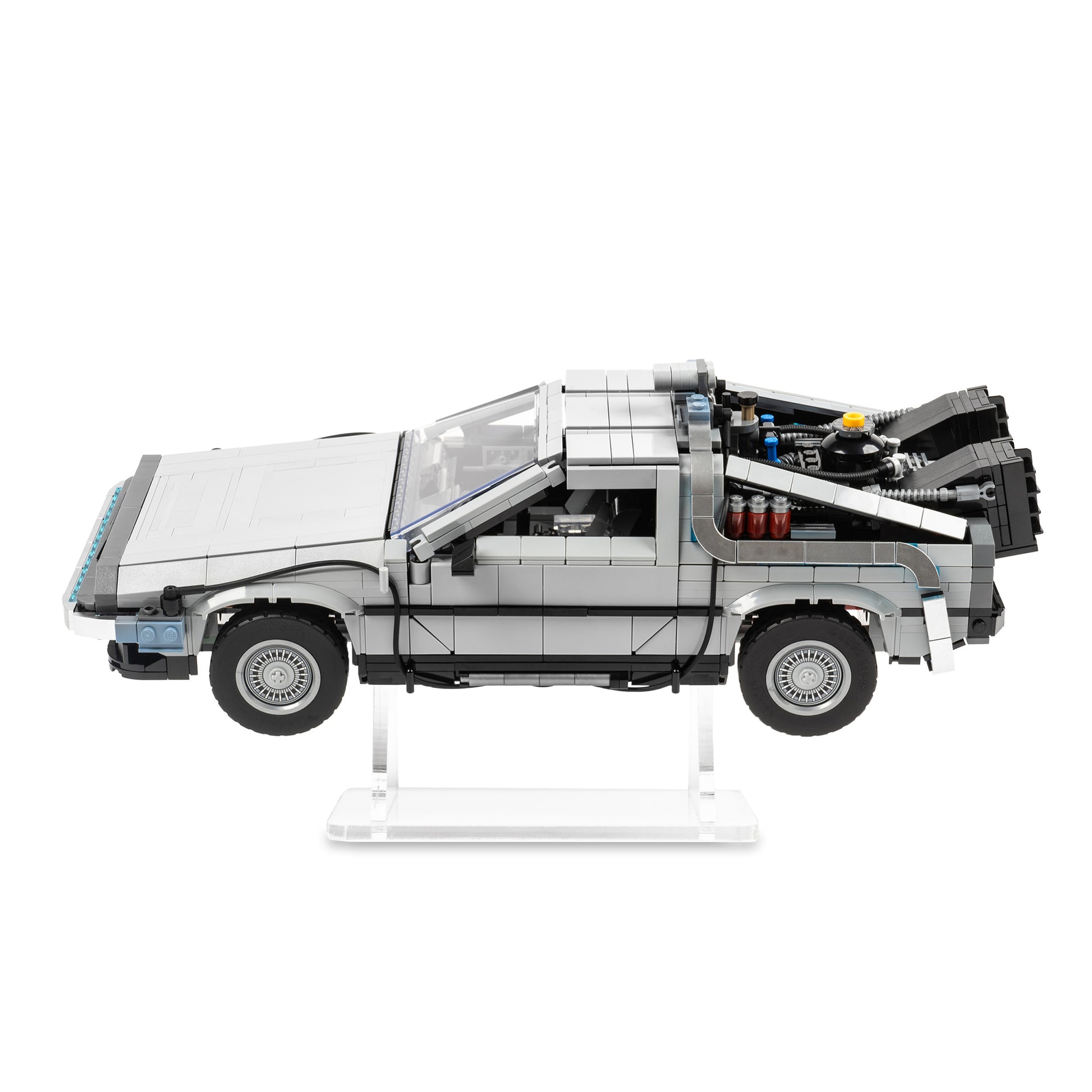 Front view of LEGO 10300 Back to the Future Time Machine Display Stand.