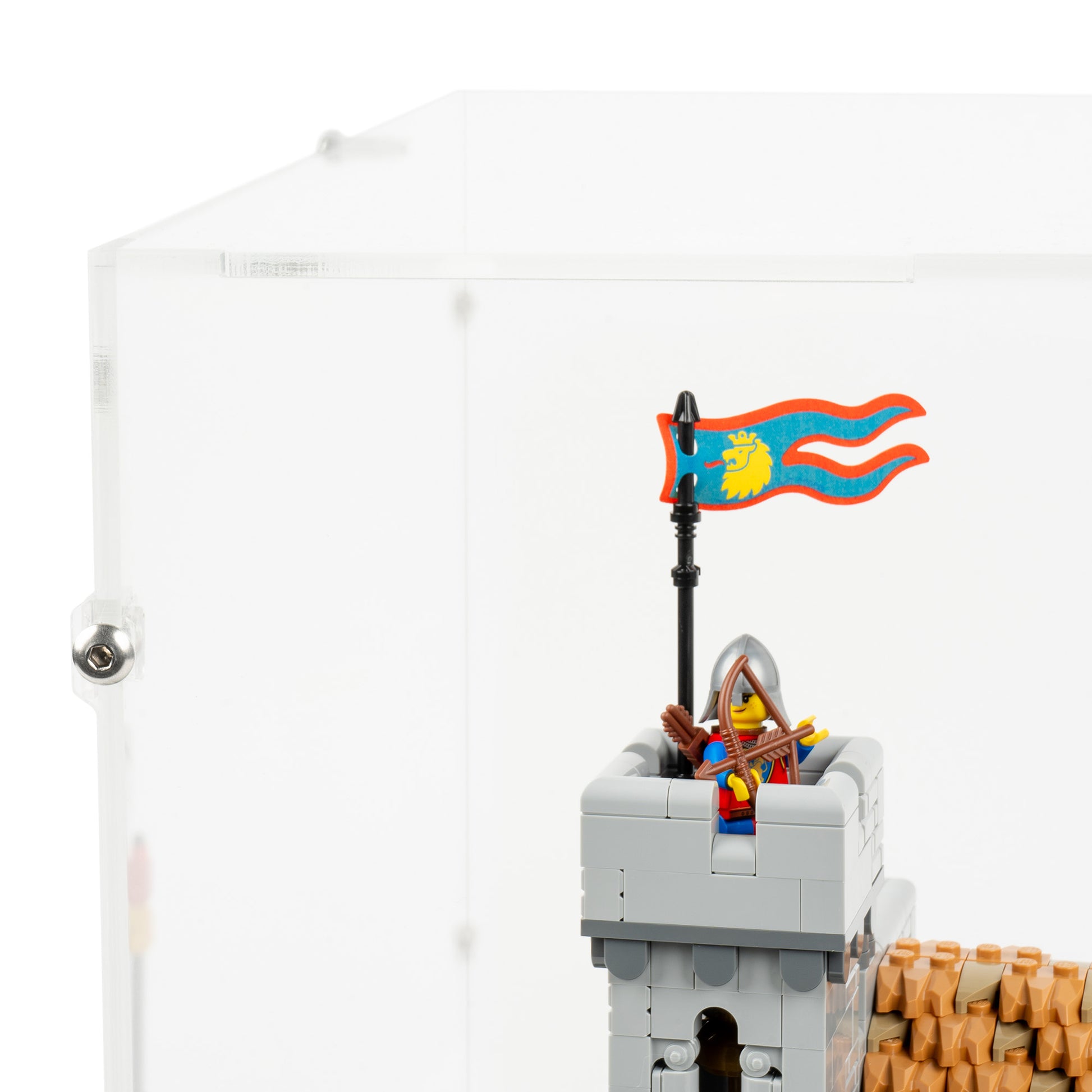 Top fitting detail view of LEGO 10305 Lion Knights' Castle Closed Display Case.