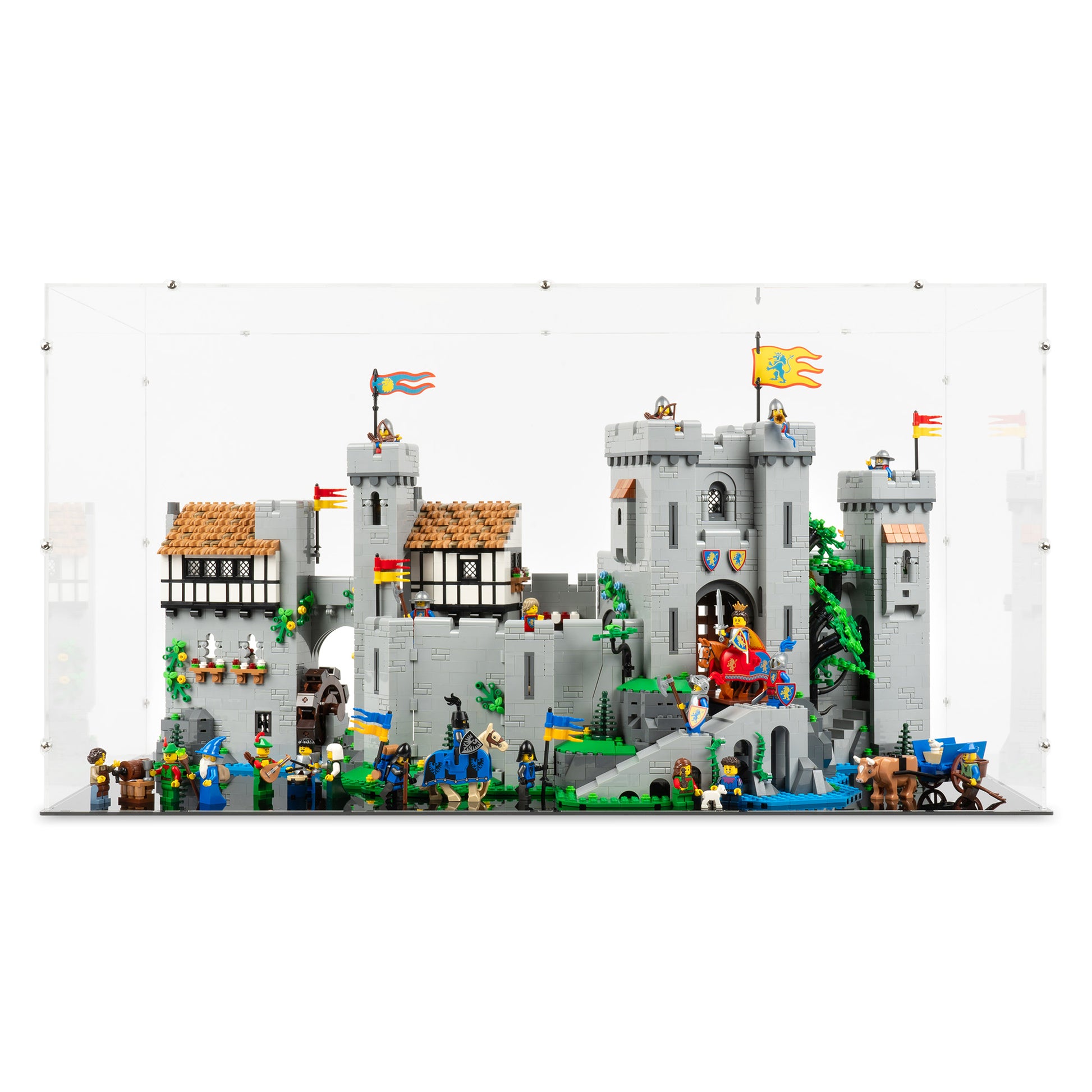 Front view of LEGO 10305 Lion Knights' Castle Open Display Case.