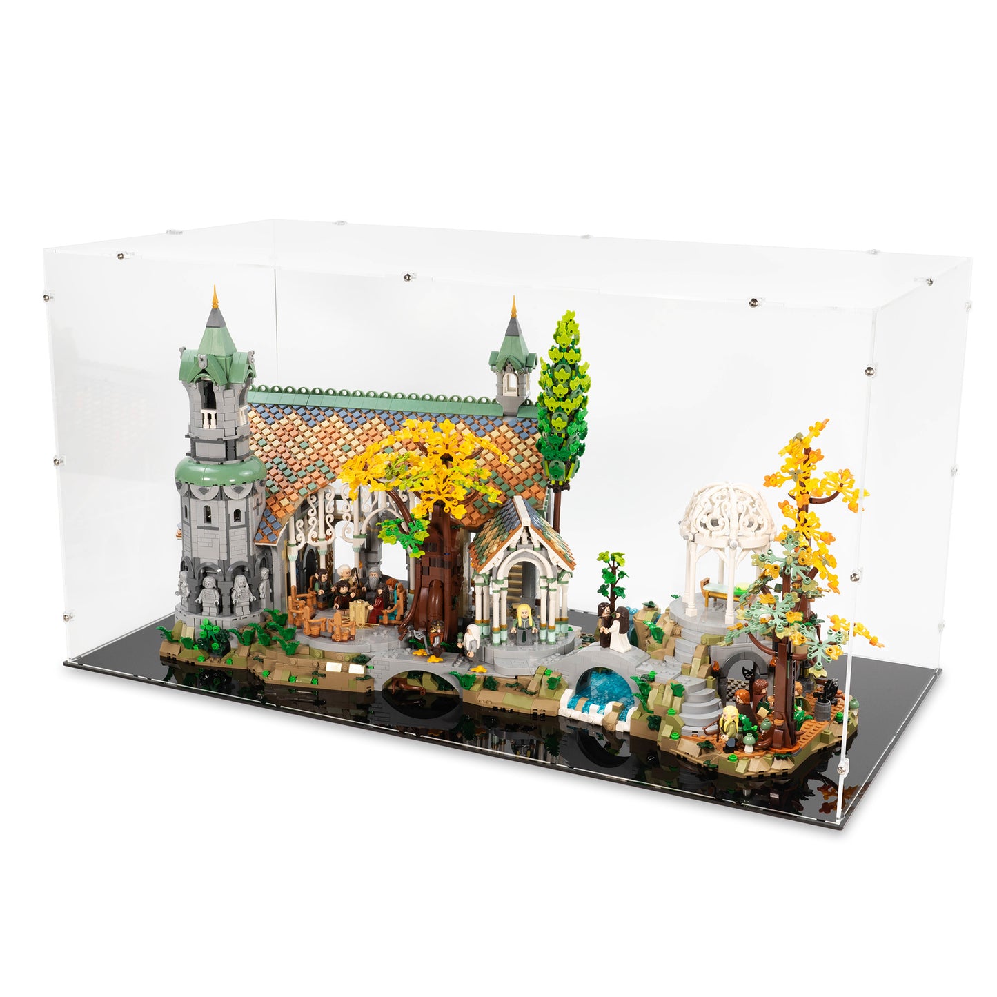 Angled top view of LEGO 10316 The Lord of the Rings Rivendell Display Case.