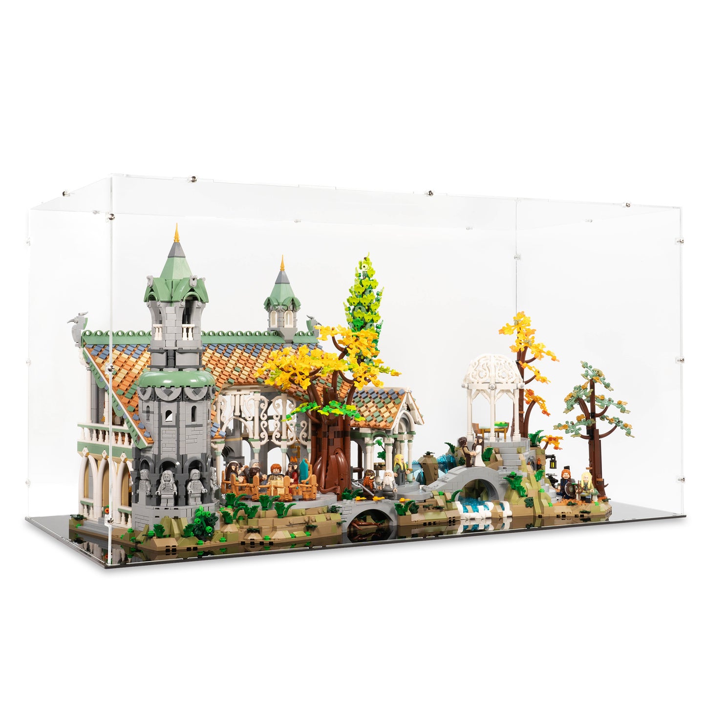Angled view of LEGO 10316 The Lord of the Rings Rivendell Display Case.