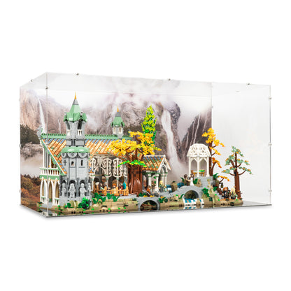 Angled view of LEGO 10316 The Lord of the Rings Rivendell Display Case with a UV printed background.