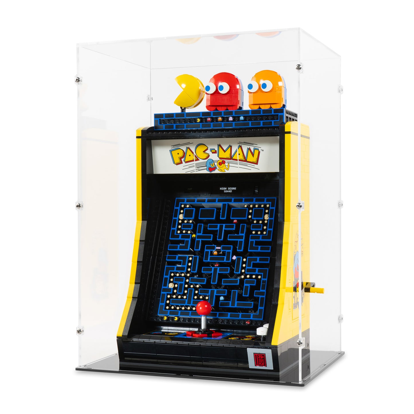 Angled view of LEGO 10323 PAC-MAN Arcade Display Case.