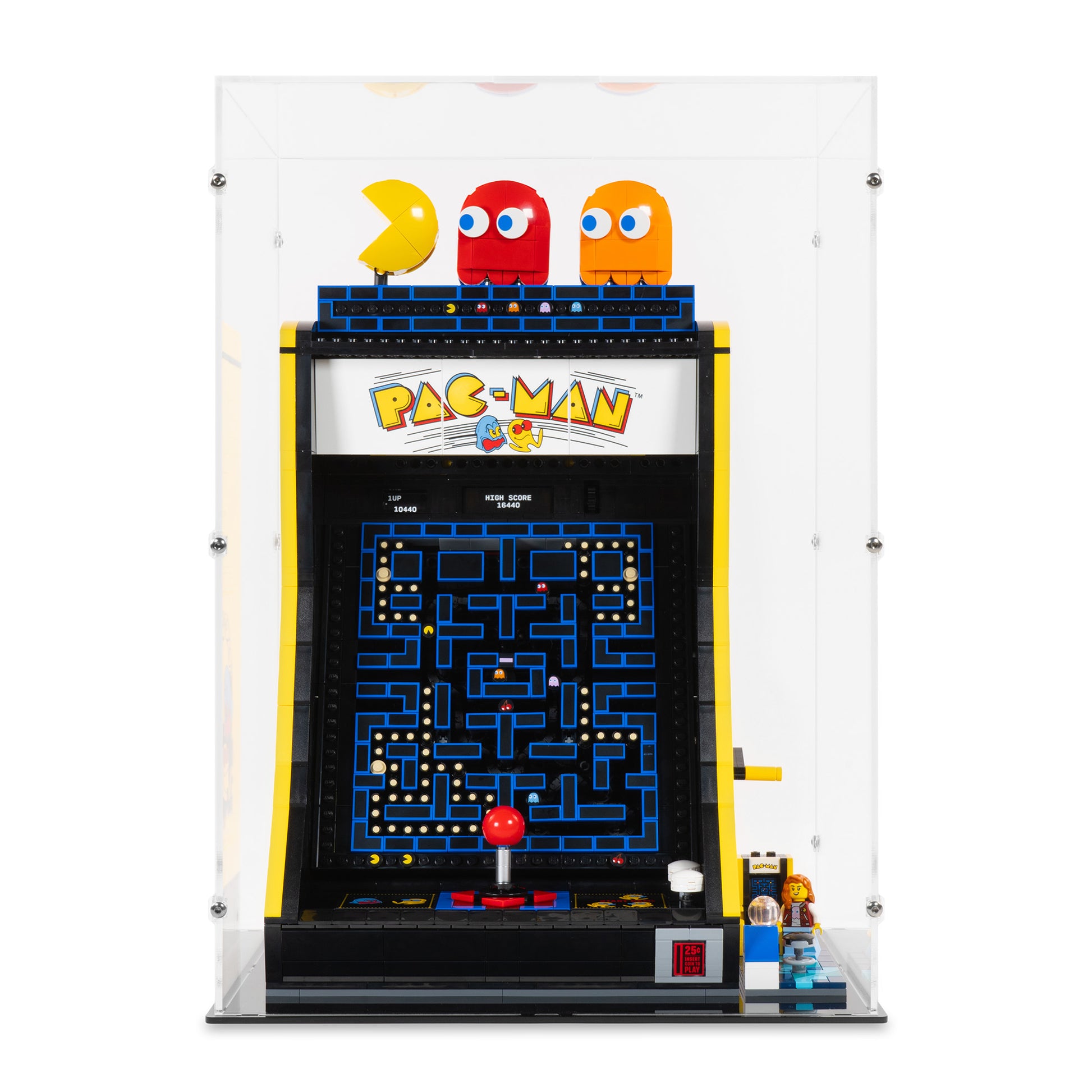 Front view of LEGO 10323 PAC-MAN Arcade Display Case.