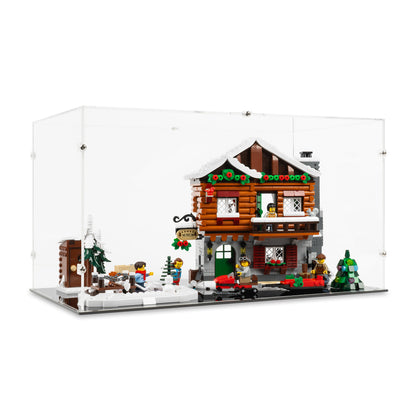 Angled view of LEGO 10325 Alpine Lodge Display Case with a black base.