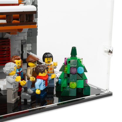 Fitting detail view of LEGO 10325 Alpine Lodge Display Case with a black base.