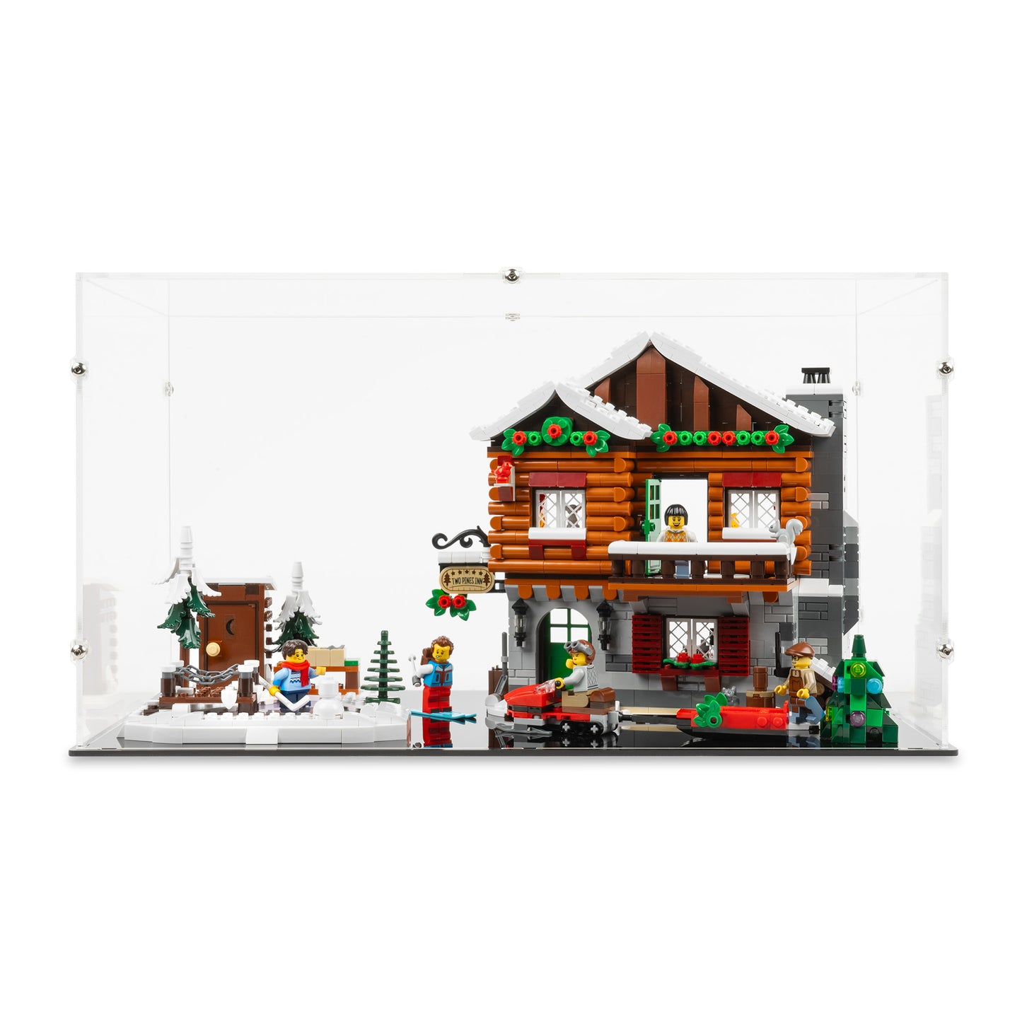Front view of LEGO 10325 Alpine Lodge Display Case with a black base.