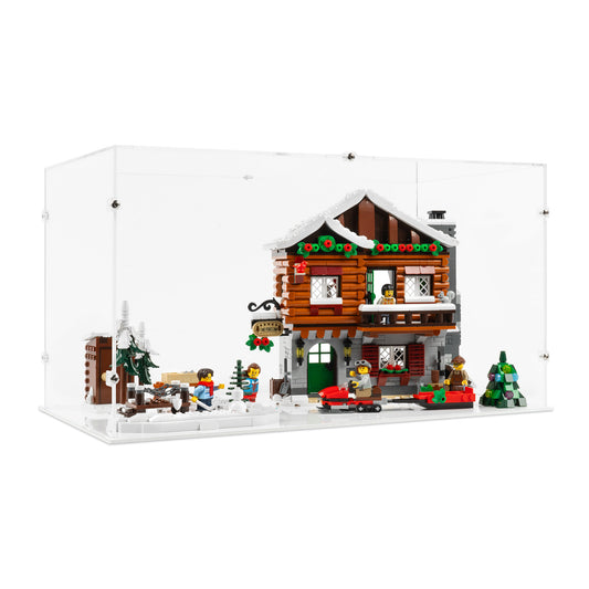 Angled view of LEGO 10325 Alpine Lodge Display Case with a white base.