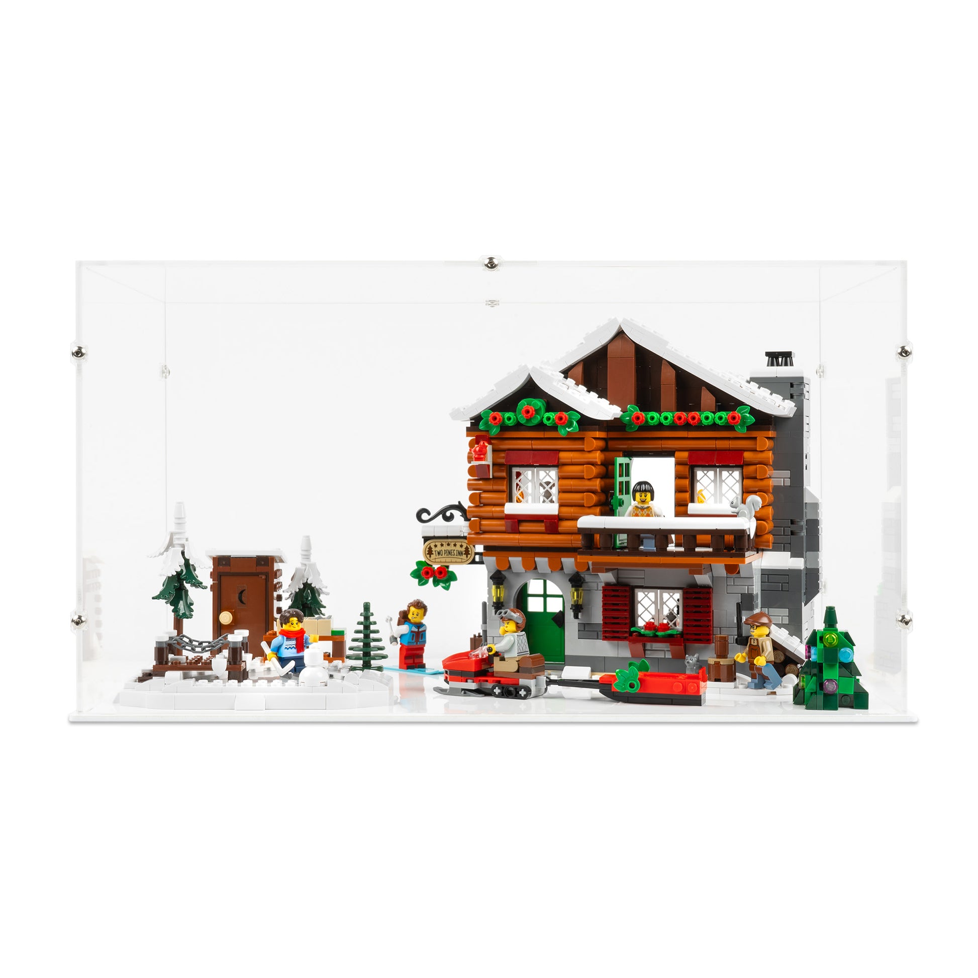 Front view of LEGO 10325 Alpine Lodge Display Case with a white base.