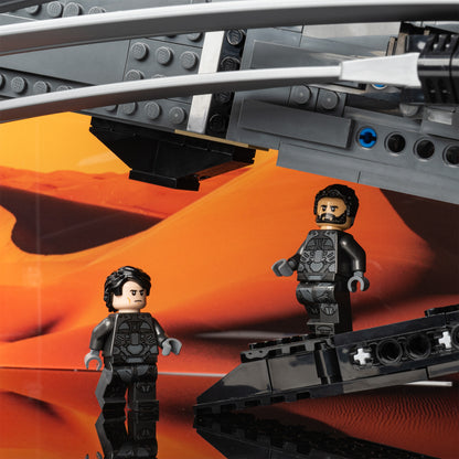 Boarding ramp detail view of LEGO 10327 Dune Atreides Royal Ornithopter Display Case with a UV printed background.
