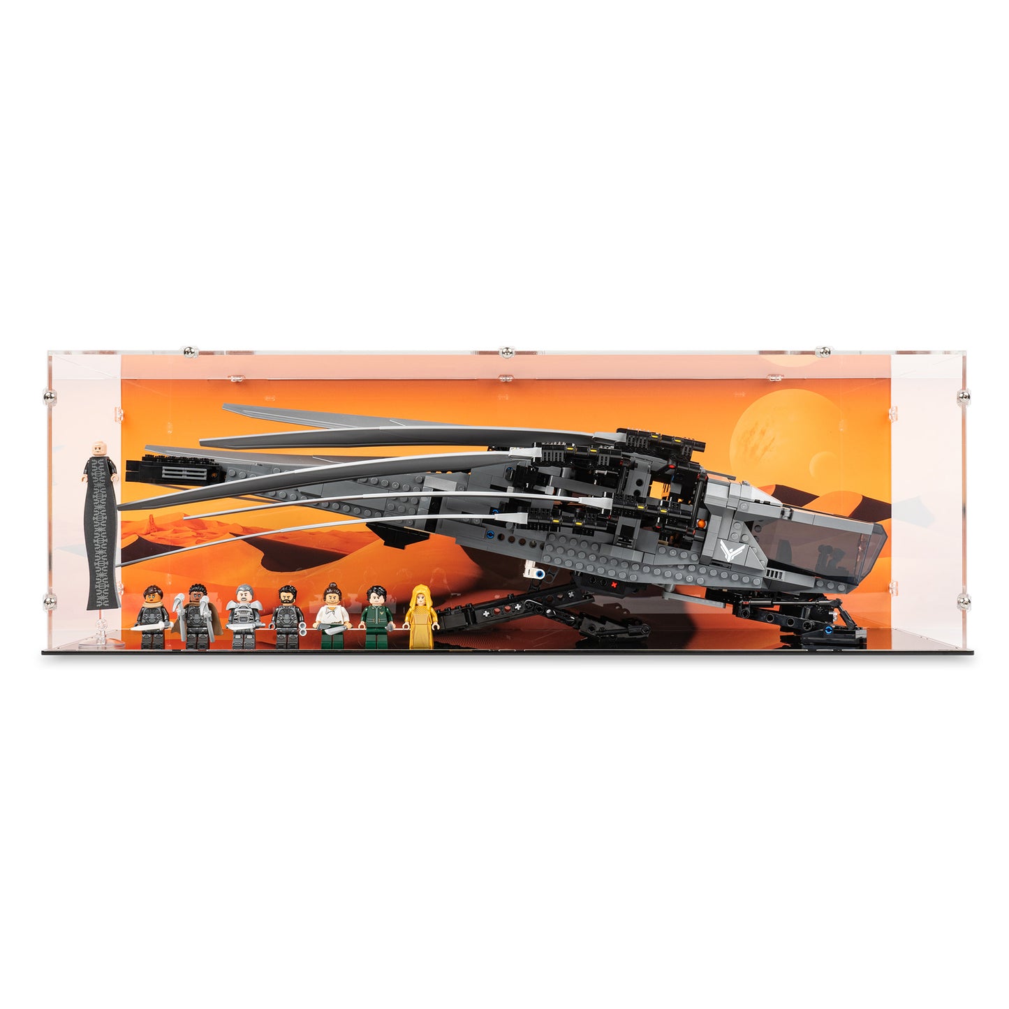 Front view of LEGO 10327 Dune Atreides Royal Ornithopter Display Case with a UV printed background.