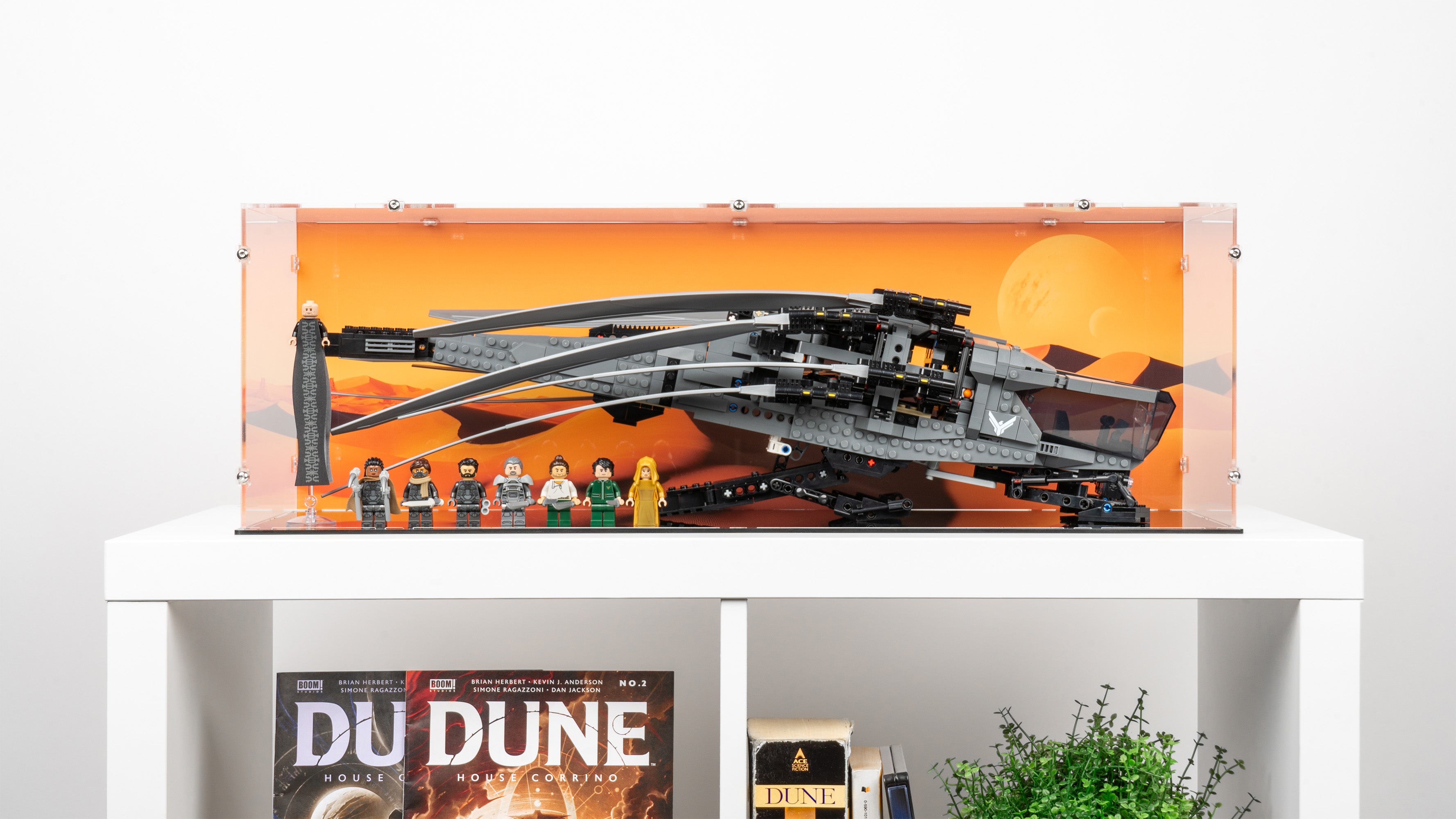 LEGO 10327 Dune Atreides Royal Ornithopter Display Case with a UV printed background.