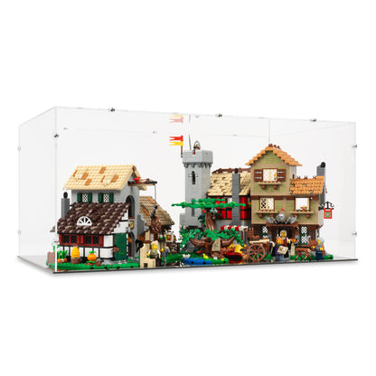 Angled view of LEGO 10332 Medieval Town Square Display Case.