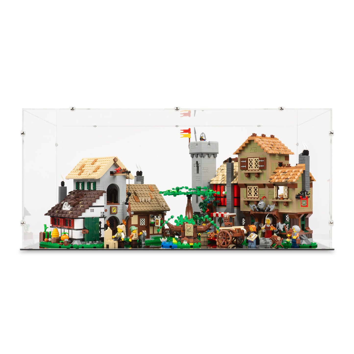 Front view of LEGO 10332 Medieval Town Square Display Case.
