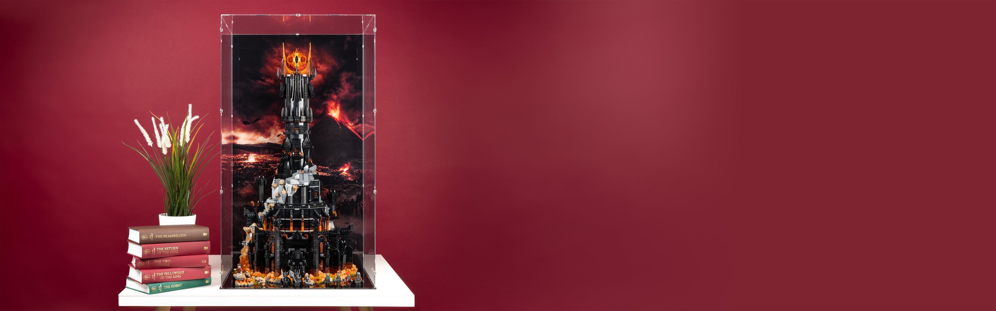 LEGO 10333 The Lord of the Rings Barad-dûr Display Case with a UV printed background.