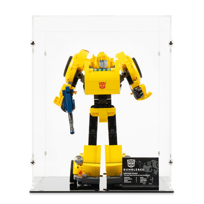 Front view of LEGO 10338 Bumblebee Display Case.