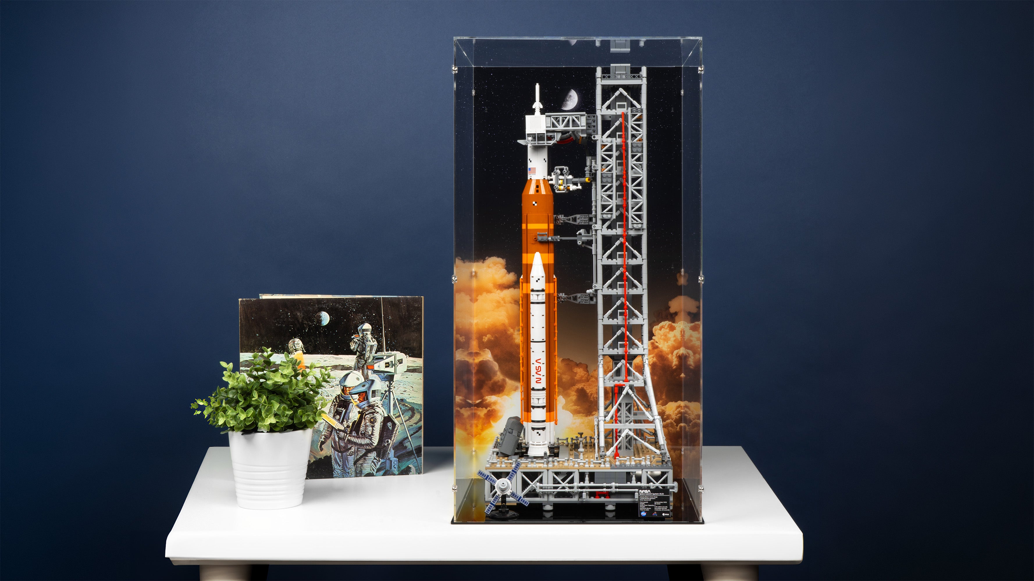 LEGO 10341 NASA Artemis Space Launch System Display Case with a UV printed background.