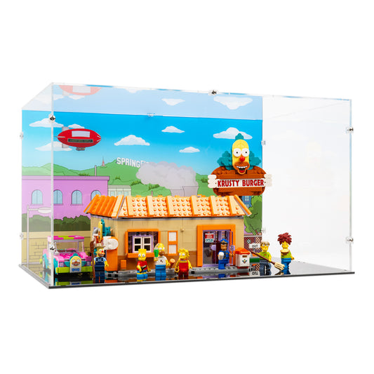 Angled view of LEGO 10352 The Simpsons Krusty Burger Display Case with a UV printed background.