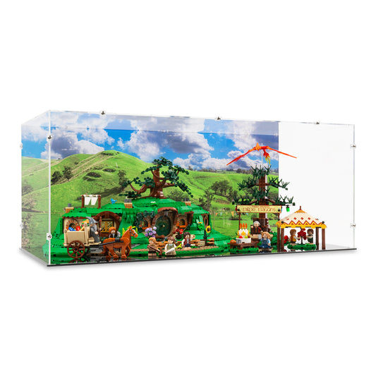 Angled view of LEGO 10354 The Lord of the Rings The Shire Display Case with a UV printed background.