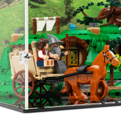 Fitting detail view of LEGO 10354 The Lord of the Rings The Shire Display Case with a UV printed background.