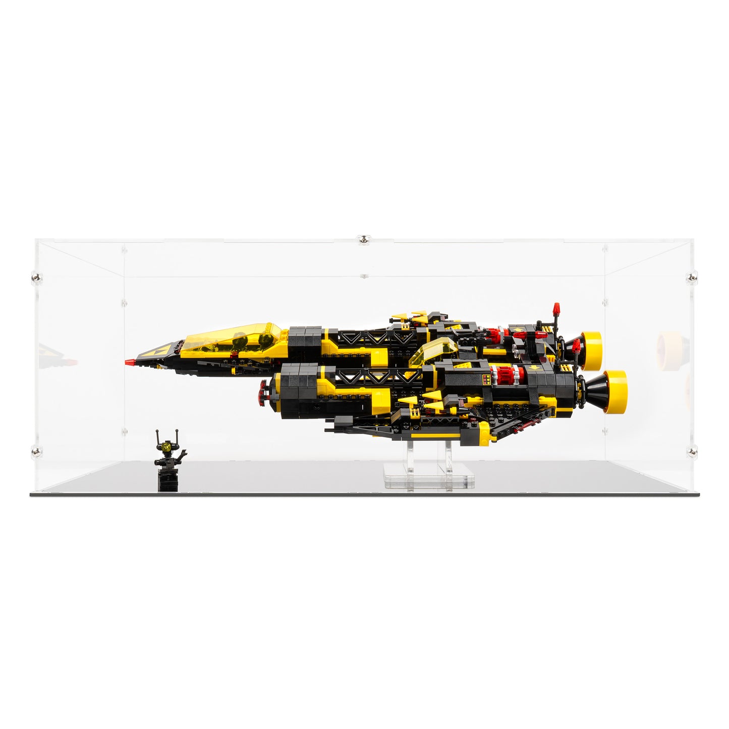 Front view of LEGO 10355 Blacktron Renegade Display Case and Stand.