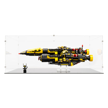 Front view of LEGO 10355 Blacktron Renegade Display Case and Stand.
