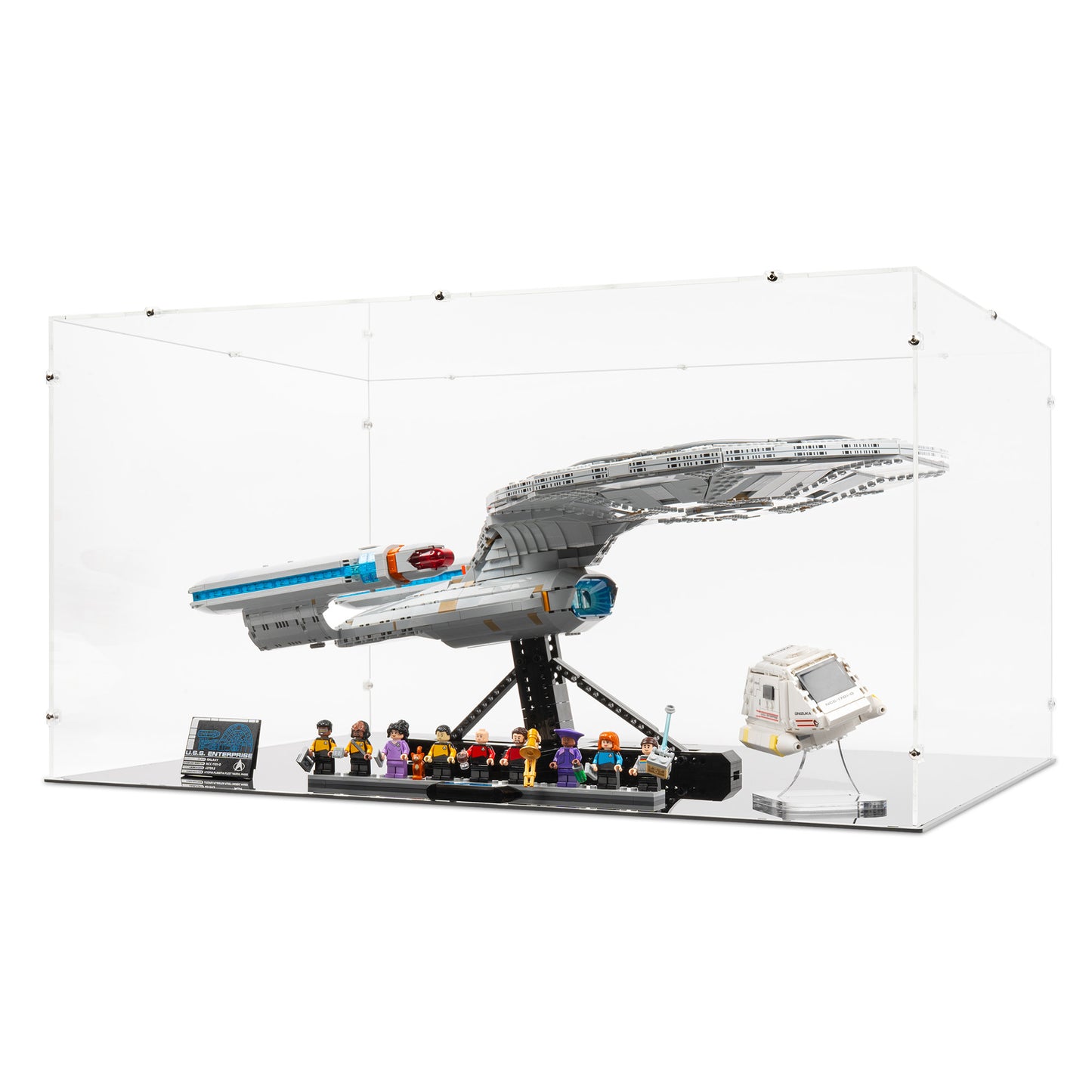Angled view of LEGO 10356 & 40768 Star Trek USS Enterprise NCC-1701-D & Type-15 Shuttlepod Display Case.