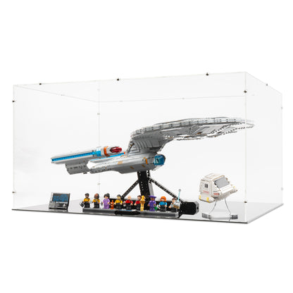 Angled view of LEGO 10356 & 40768 Star Trek USS Enterprise NCC-1701-D & Type-15 Shuttlepod Display Case.