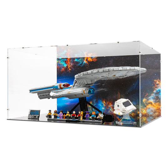 Angled view of LEGO 10356 & 40768 Star Trek USS Enterprise NCC-1701-D & Type-15 Shuttlepod Display Case with a UV printed background.